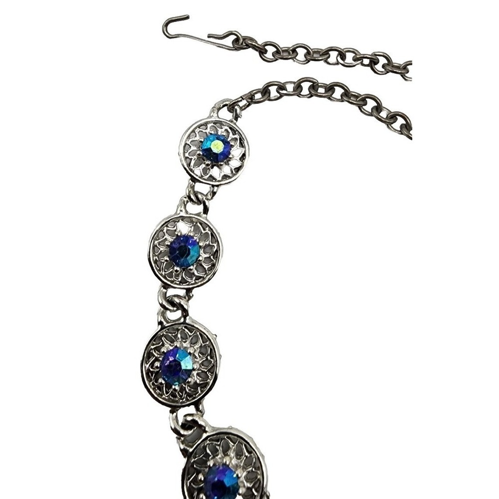 Vintage Dark Blue Aurora Borealis Rhinestone Silver Tone Filagree Necklace 17.5" - Picture 10 of 15